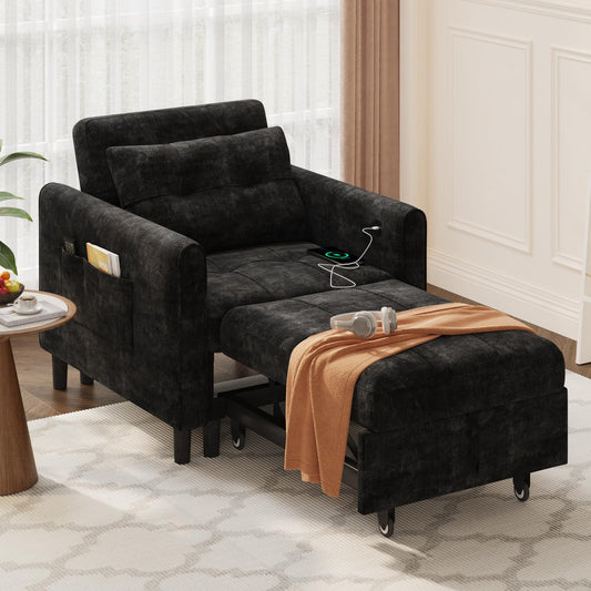 Casaottima Sleeper Chair with Pull Out Bed, Convertible 3-in-1 Lounge Chair with Adjustable Backrest, Chenille Sleeper Sofa for Living Room, Black