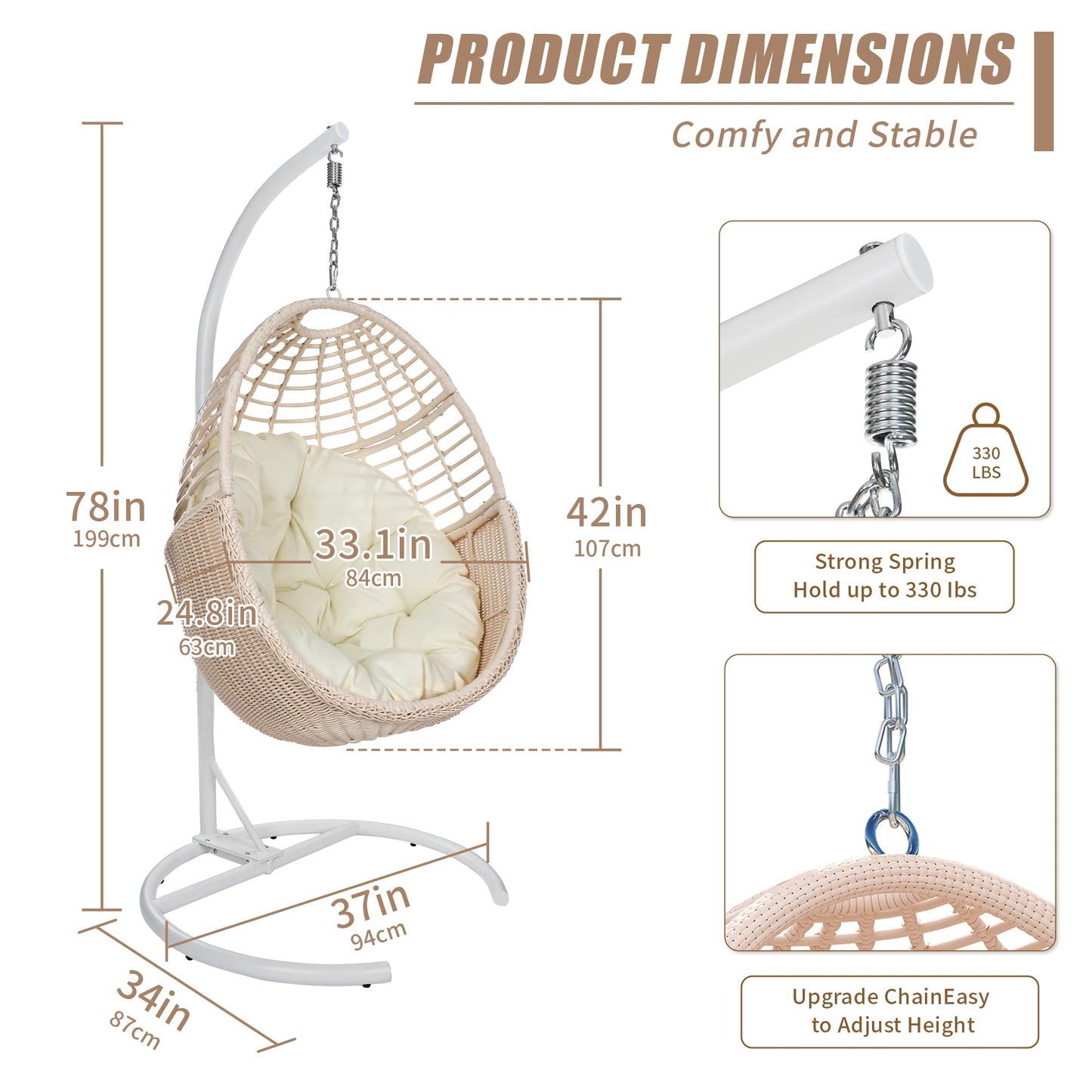TWT Egg Swing Chair with Stand Hanging Egg Chair Outdoor - Rattan Wicker Patio Hanging Basket Chair Hammock Chair with Metal Frame and UV Resistant Cushion for Indoor Bedroom Balcony (Beige)