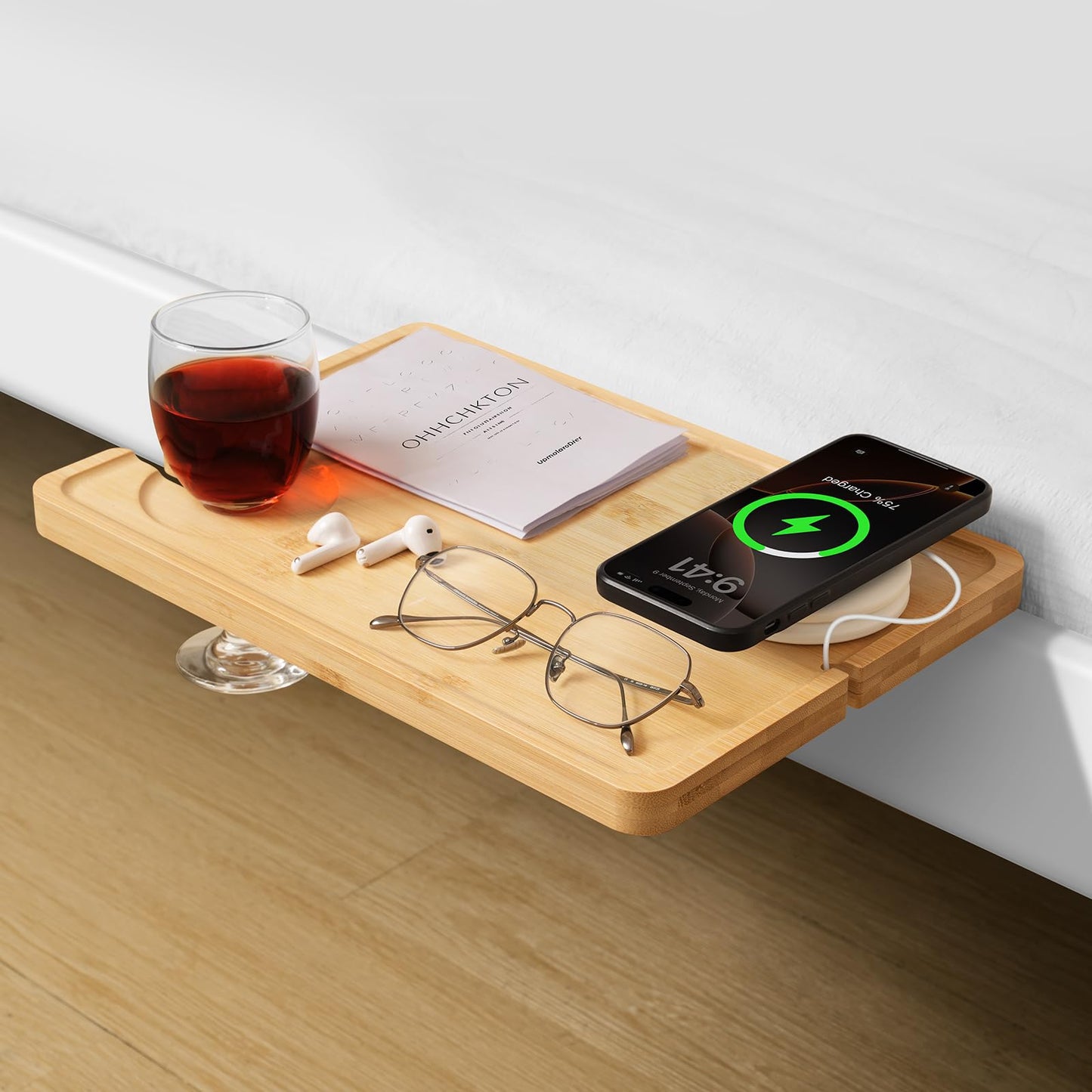 iCASA Bedside Shelf for Bunk Bed & Top Bunk, Clip On Nightstand with Cup Slot, Bed Side Table Tray, Bunk Bed Shelf with Cable Slot for Water Cup Phone Books - College Dorm Essentials - Natural Bamboo