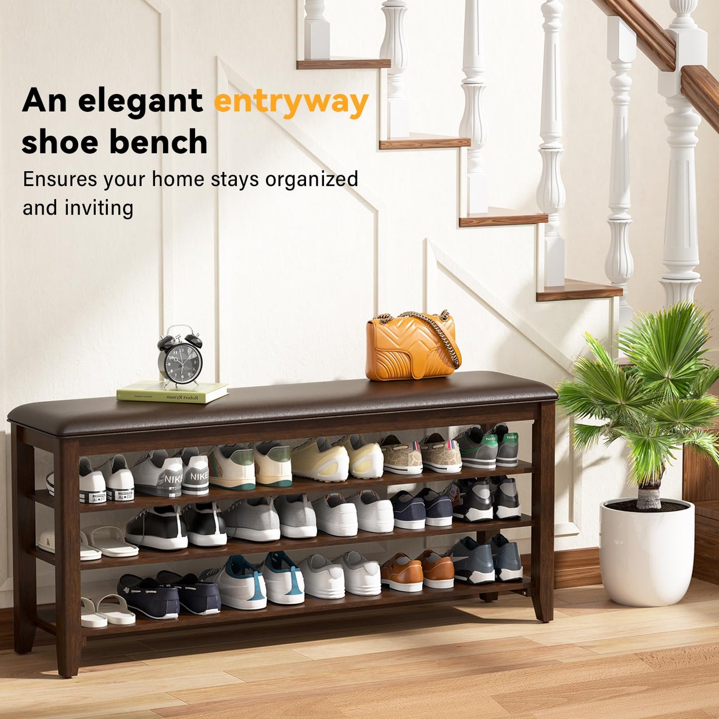 Shoe Rack Bench Entryway Storage with Leather Cushion, Shoe Organizer Bench for Entryway, Ideal for Front Doors Entrances Hallway Mudroom Featuring Rubberwood And 3 Height-Adjustable Removable Shelve