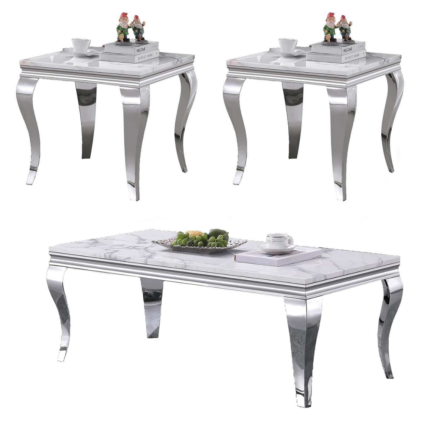 SSLine Modern 3 Piece Living Room Table Set, Includes 1 Coffee Table & 2 End Tables, Luxury Faux Marble Coffee End Table Set with S-Shape Stainless Steel Legs (White Marble& Silver3)