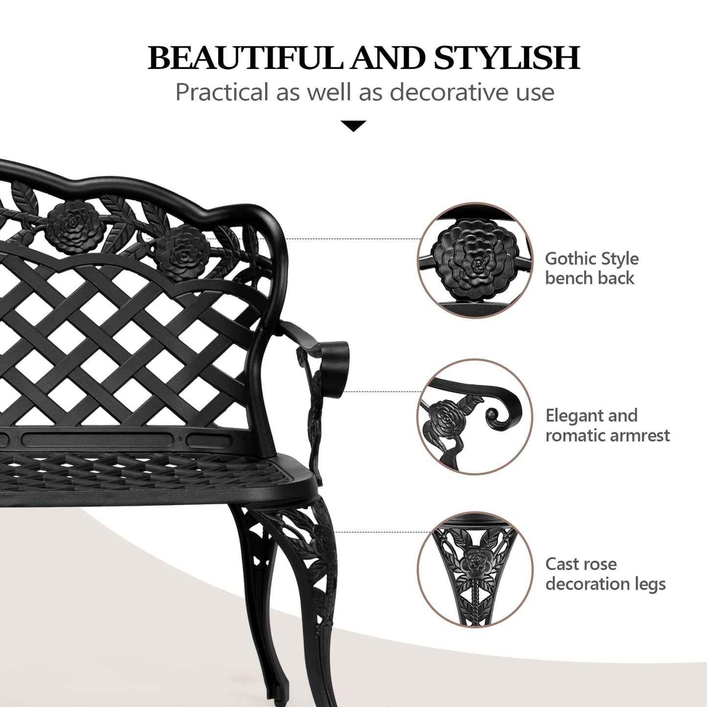 VINGLI 42.5" Outdoor Bench, Antique Cast Aluminum Front Porch Bench Metal Garden Benches Cast Iron Benches 2-3 People Seating (Black)