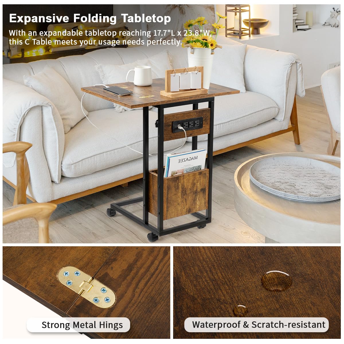 Hadulcet C Shaped End Table with Charging Station & Foldable Tabletop, Folding TV Tray Table with Storage, Rolling TV Trays, C Table for Sofa, Living Room Bedroom Small Spaces, Rustic Brown