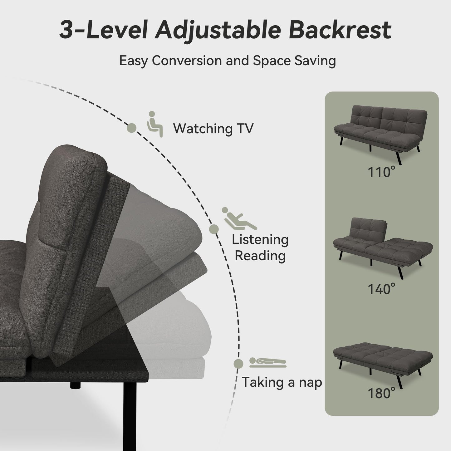 AMICLIBER Convertible Futon Sofa Bed,71" Memory Foam Futon Couch,Detachable Cushion,Adjustable Backrest & Armrest,Linen Modern Loveseat Sleeper Recliner for Living Room,Office,Apartment,Classic Grey
