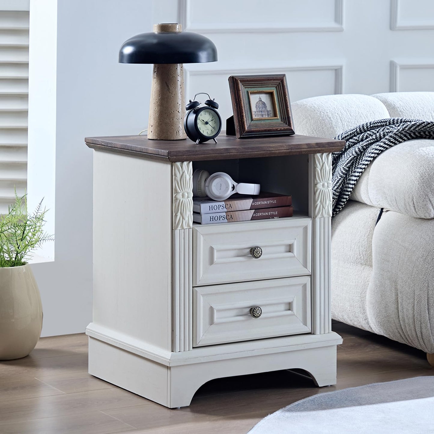 BLANKSPACE Nightstand with Charging Station, Farmhouse End Side Table, Smart LED Night Stand,Bedside Cabinet for Bedroom, Living Room (Antique White)