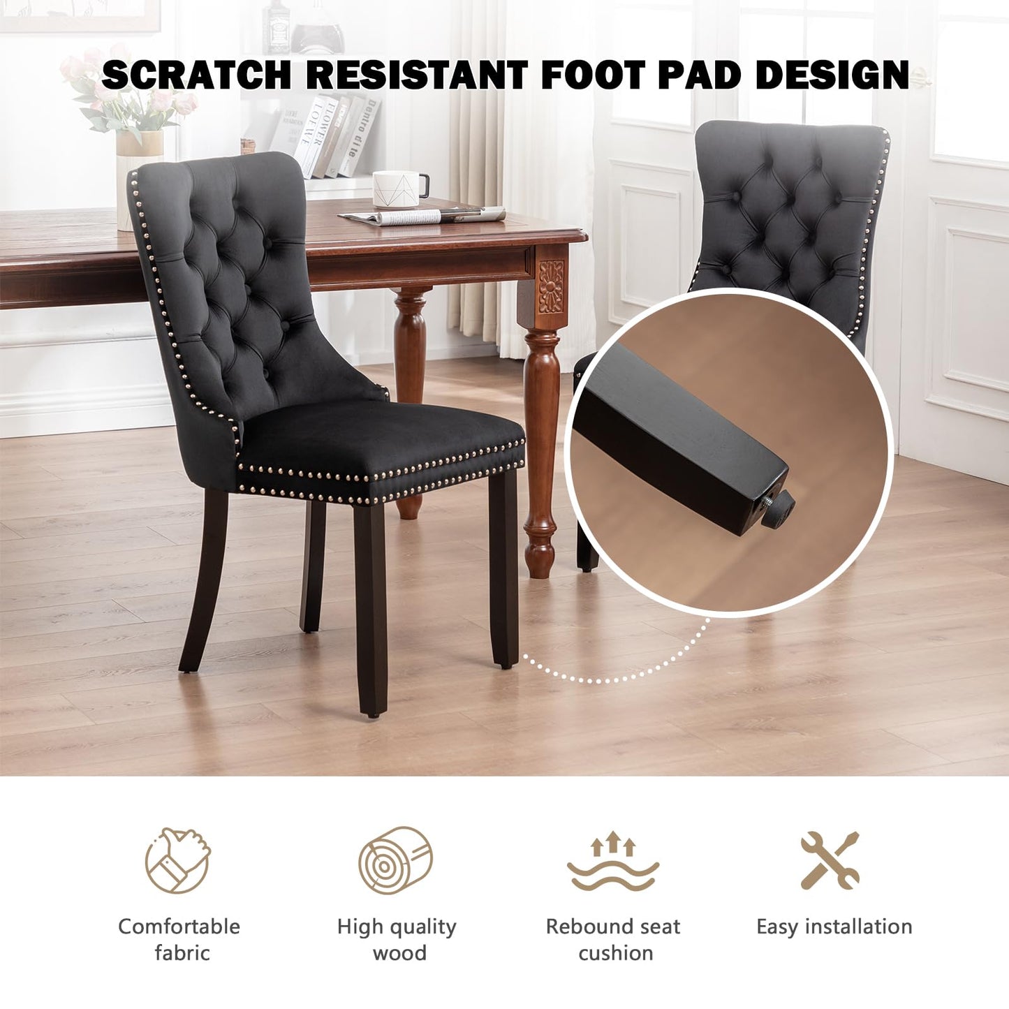 Hixkol Velvet Dining Chairs Set of 6,Upholstered Dining Chairs with Ring Pull Trim and Button Back,Modern Seating for Kitchen, Bedroom & Living Room(Black)