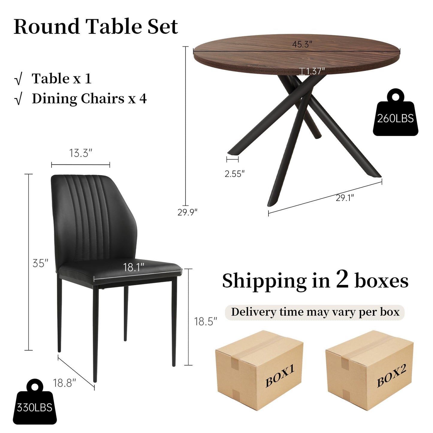 HIPIHOM 45.3'' Walnut Round Dining Table Set for 4, Mid Century Modern Small Coffee Set for Dining Room Kitchen Apartment (Walnut Table + 4 Black Chairs)