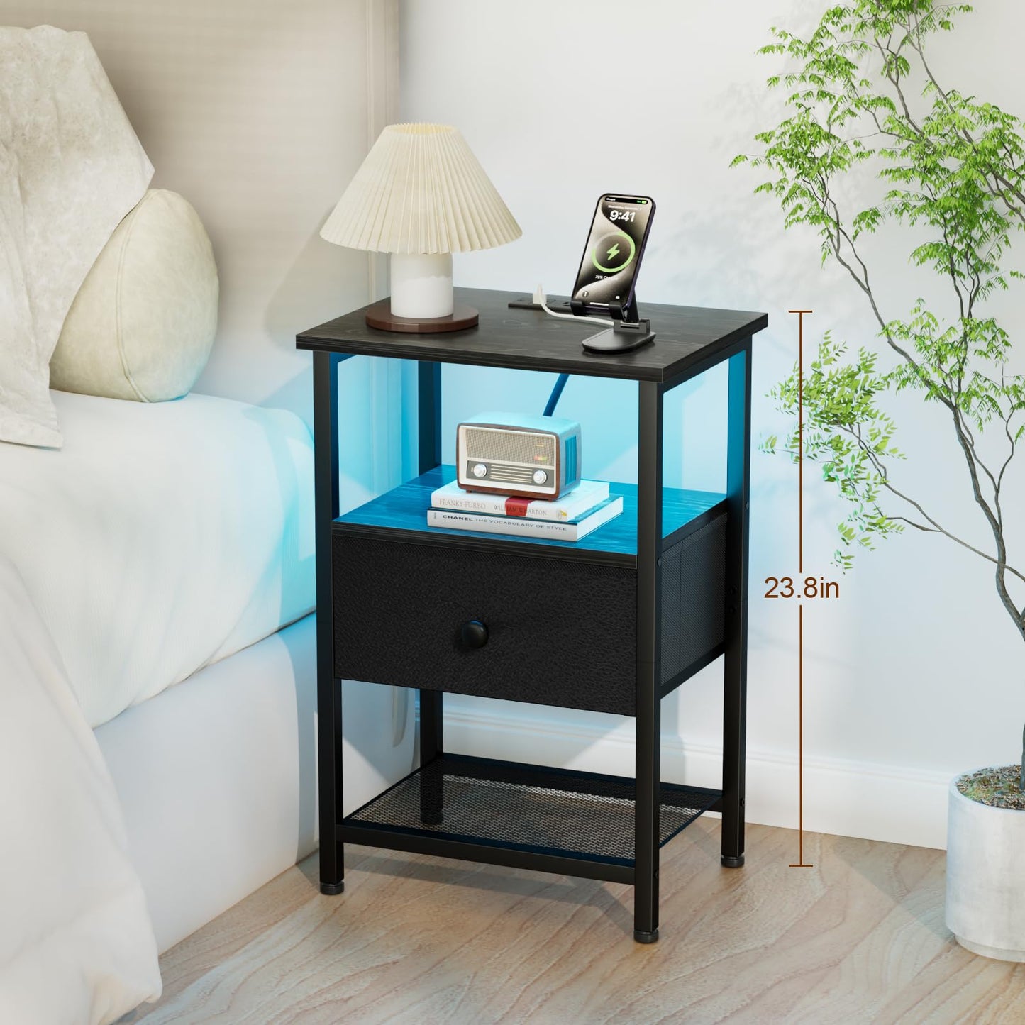 LOAKEKEL Night Stand, LED Nightstand with Charging Station, Small End Table with Fabric Drawer for Living Room, Bed Side Table with Storage Shelf for Bedroom, Black, HETS01BK-1