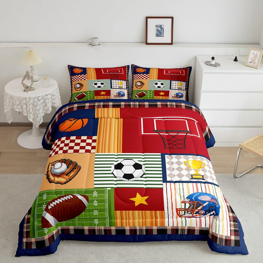 Boys Football Comforter Set Cartoon Ball Sports Themed Bedding Set for Kids Teens Child Room Decor Colorful Geometric Grid Stripes Quilted Duvet Cute Baseball Rugby Duvet Insert Twin Size