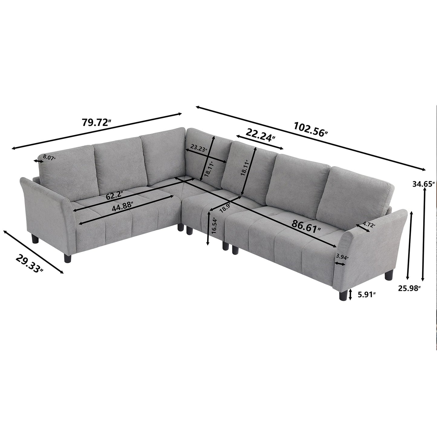 Enobala Modern Sectional Sofa, 102'' L Shaped Couch Set, 6 Seater Sectional Corner Couch with Back Cushions,Upholstered Couches for Living Room Apartment Office, Light Grey