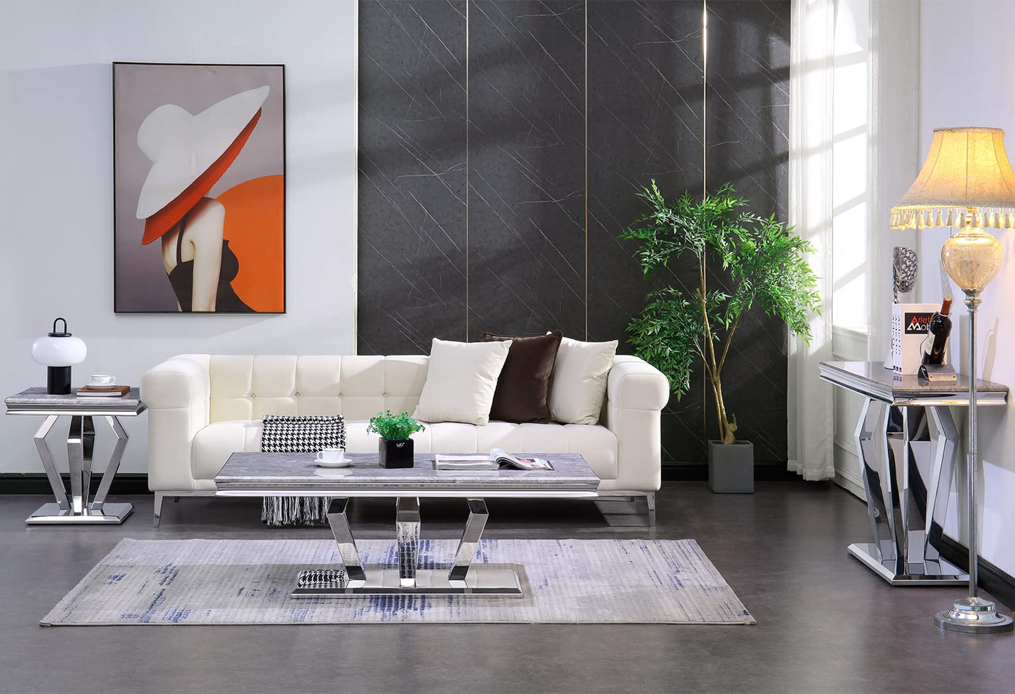 ACEDÉCOR Silver Console Table, Mirrored Sofa Table with Geometric Base, 50 inch Rectangular Grey Console Table for Entryway, Living Room, Office, Coffee Bar, Front Hall, Hallway