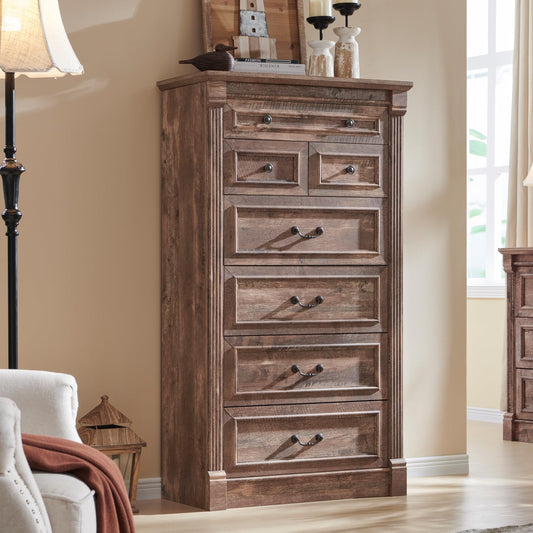 Aitjunz Farmhouse 7 Drawers Dresser for Bedroom, 57" Tall Large Dressers & Chests of Drawers w/Roman Column, Storage Dressers Organizer for Bedroom, Hallway, Living Room, Light Brown