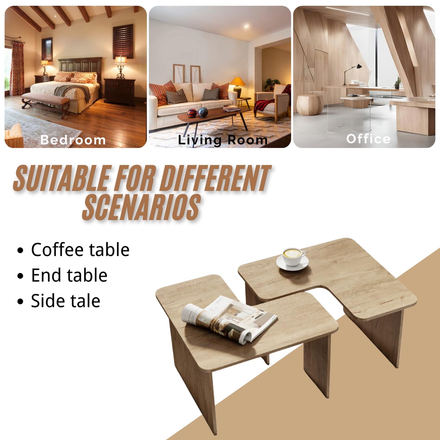 Modern Nesting Coffee Table Set of 2, Natural Wooden L-Shape Square Coffee Table for Living Room, Small Center Table End Table Sets with Rustic Wood Grain for Bedroom Office Cafe