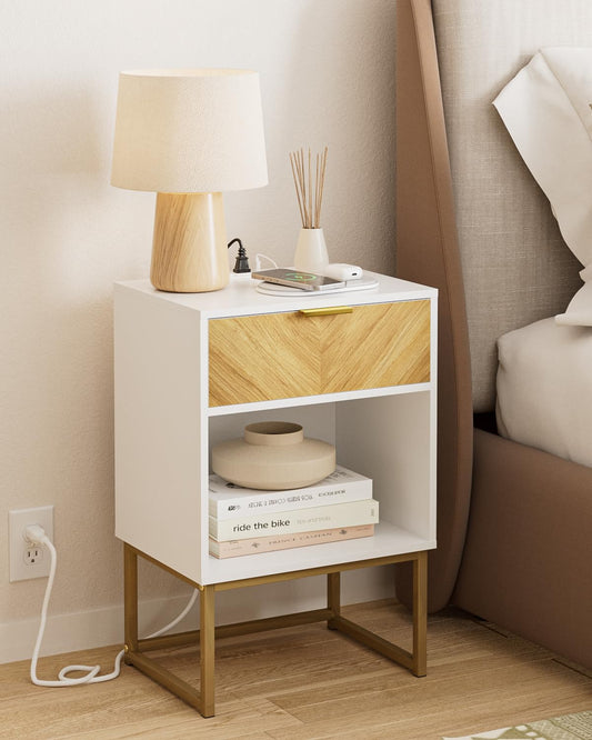Acodaiuy Nightstand with Charging Station, Boho Night Stand with Drawer Wood Farmhouse Bedside Table with Storage, End Side Accent Table for Bedroom,Living Room,White