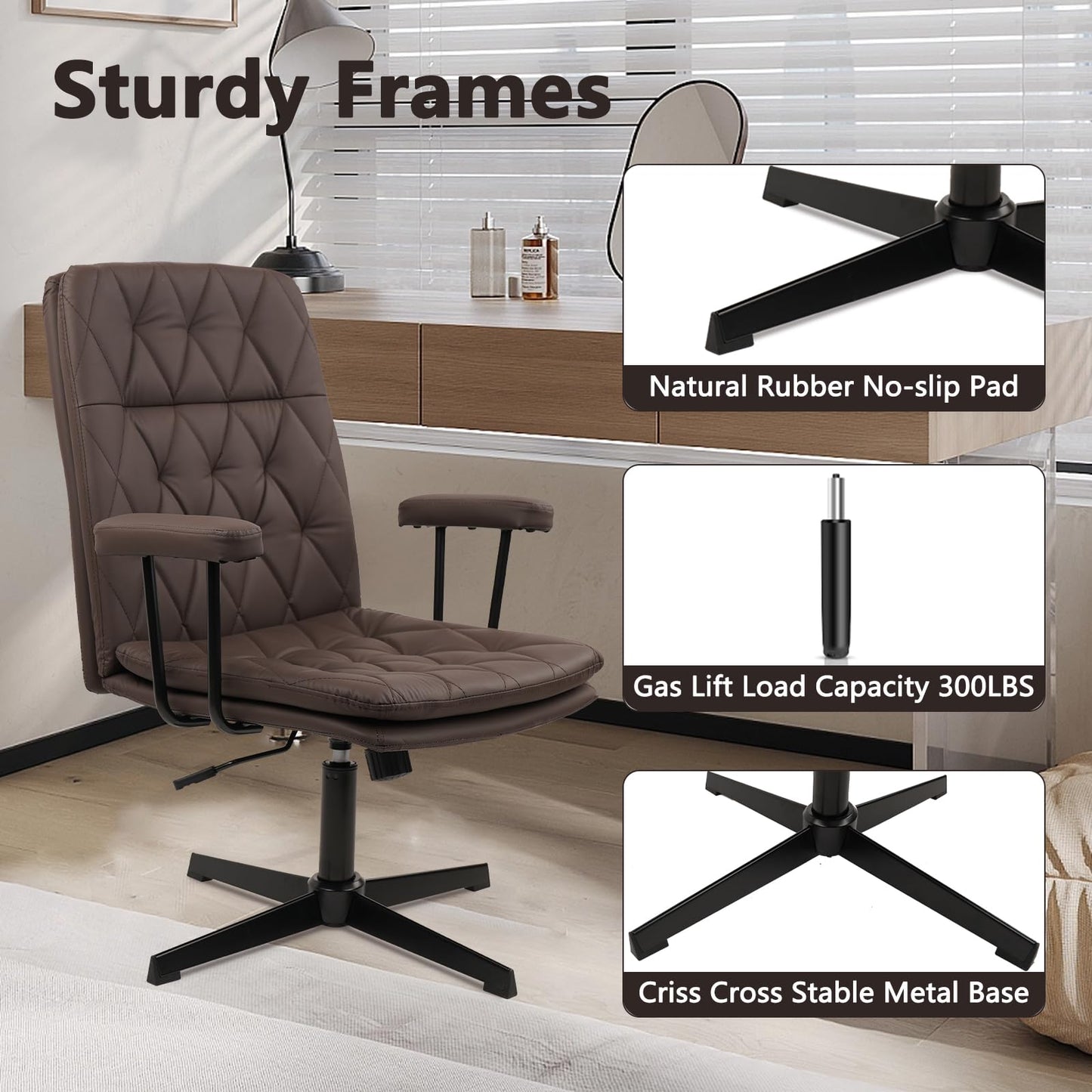 CLATINA Office Chair No Wheels, Leather Criss Cross Desk Chairs with Arms, Modern Cross Legged Computer Chair, Mid Back Height Adjustable Swivel Task Vanity Chair for Home Office, Chocolate Brown