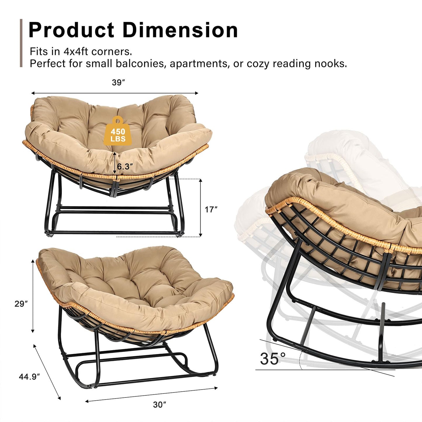 knocetx Papasan Chair, Outdoor Rocking Chair with Cushion, 450LB Heavy Duty Egg Chair, Indoor Outdoor Patio Rocking Chairs for Balcony, Porch, Living Room, Bedroom, Lawn, Garden (Coffee)