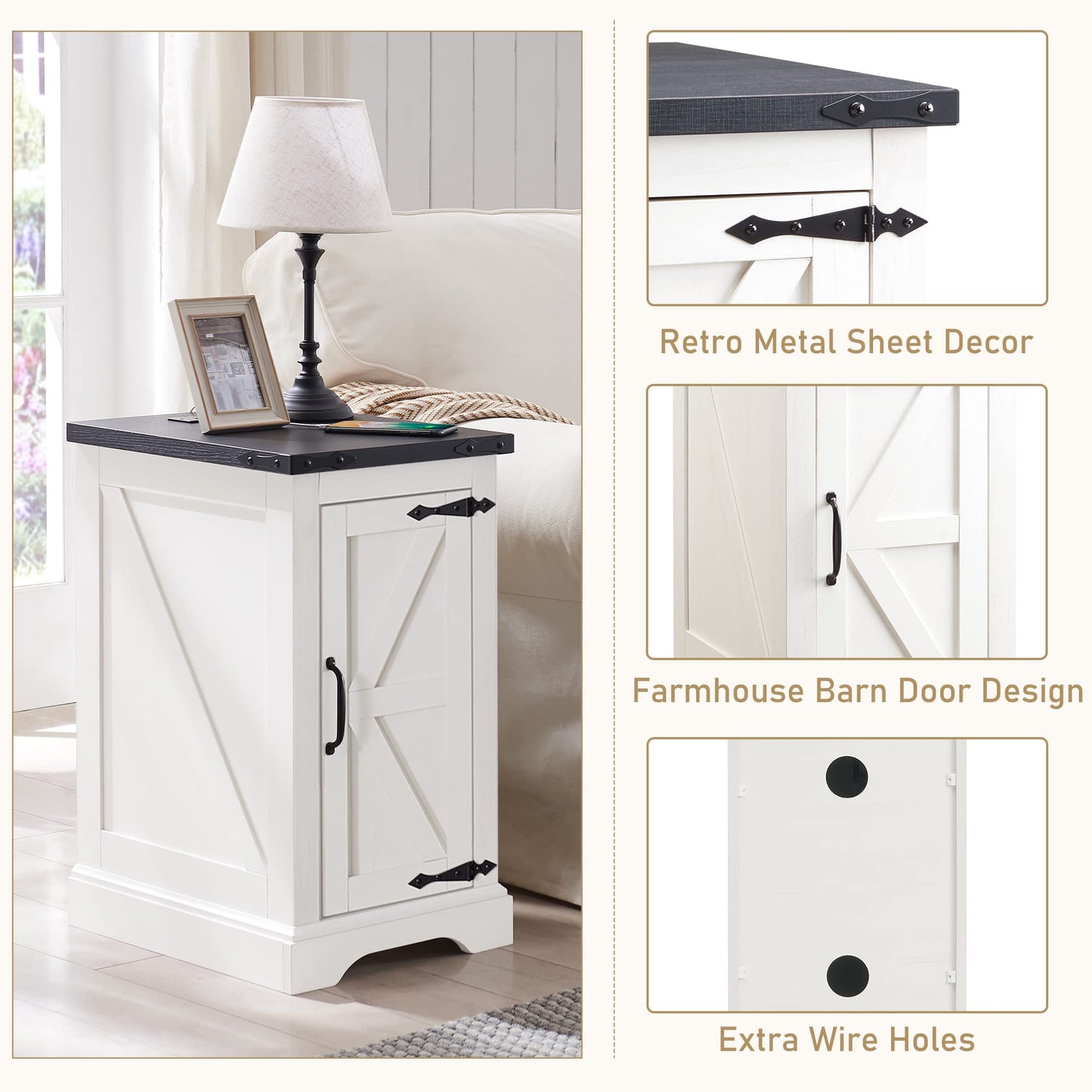 JXQTLINGMU Farmhouse Nightstand Set of 2 with Charging Station, 17" D Rectangular End Table with Barn Door & Adjustable Storage Shelf, Wood Rustic Sofa Side Table for Living Room, Bedroom, White