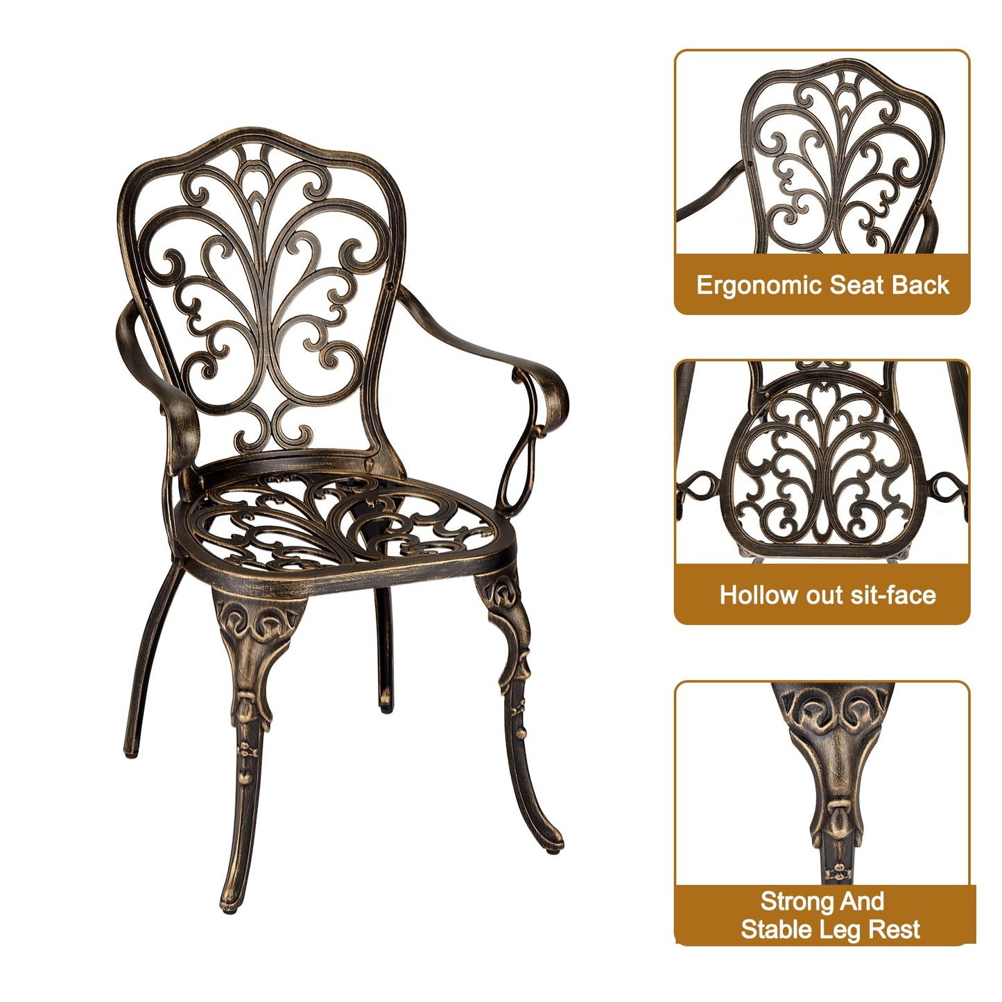 ELETHEBIA 3 Piece Bistro Set, Outdoor Bistro Table and Chairs Set of 2, Rust-Resistant Cast Aluminum All Weather Patio Outdoor Bistro Set with Umbrella Hole for Backyard, Balcony, Front Porch, Brown
