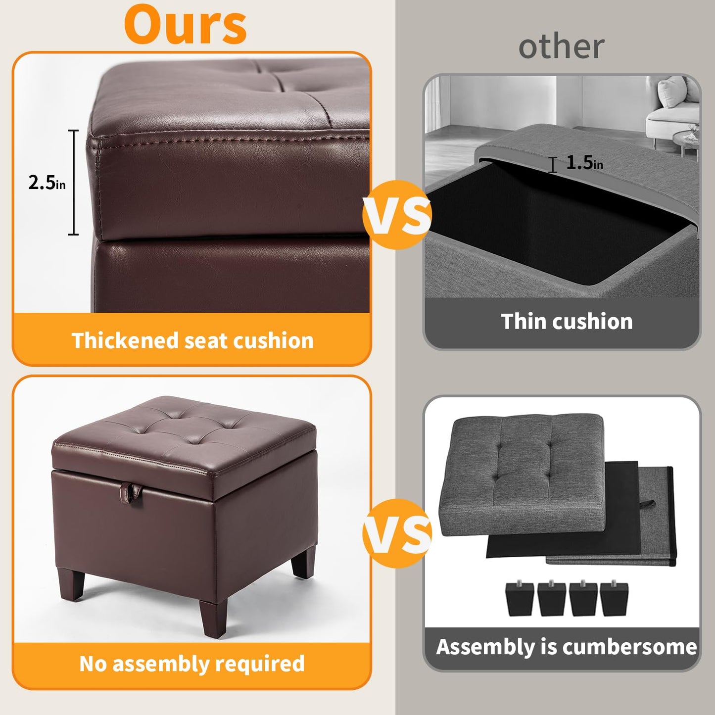 Asense 17 Inch Square Storage Ottoman,Small Foot Rest Stool for Couch, Faux Leather Upholstered Footstool Cube for Entryway Bedroom Living Room,Brown