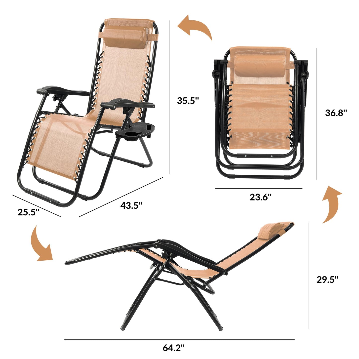 Elevon Zero Gravity Chair Set of 2 with Cup Holder & Removable Pillows, Adjustable Reclining Outdoor Patio Folding Chairs Portable Lounge Chair Furniture for Poolside, Lawn, Beach, Camping, Beige