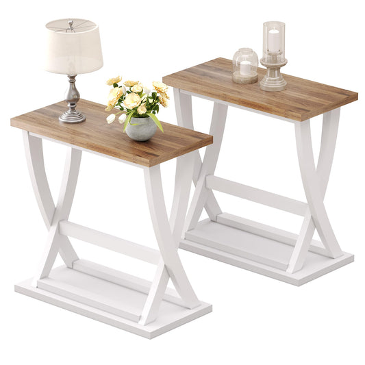 ChooChoo Farmhouse End Tables Living Room Set of 2, Narrow Side Table with Storage Shelf, Modern X-Design Slim End Table for Living Room, 11.8" D*23.6" W*23.4" D