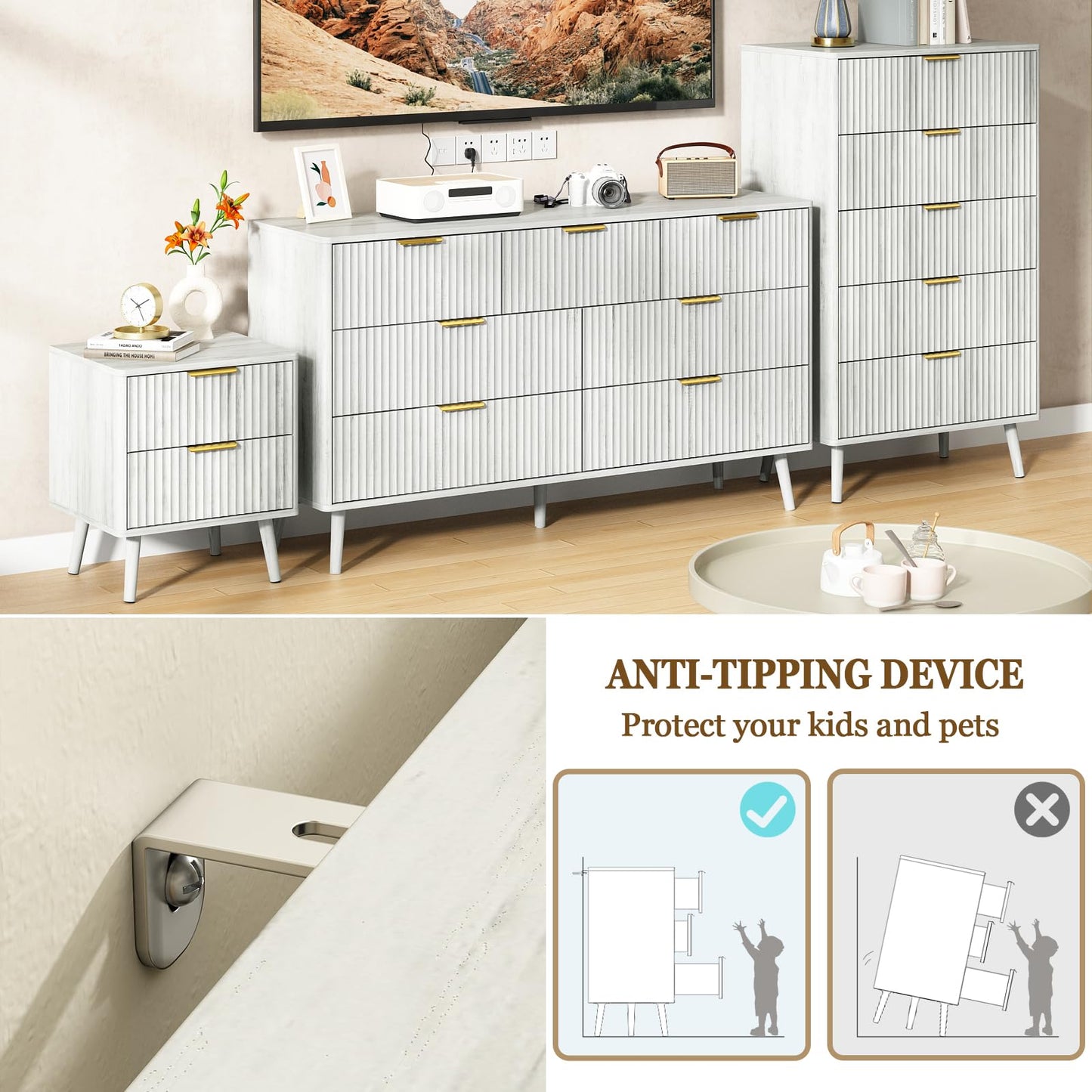 CARPETNAL Fluted 7 Double Drawers White Dresser for Bedroom, 55”Wide Modern Chest of Drawers with Deep Drawers,Wood Drawer Organizer for Bedroom Living Room, Hallway, White