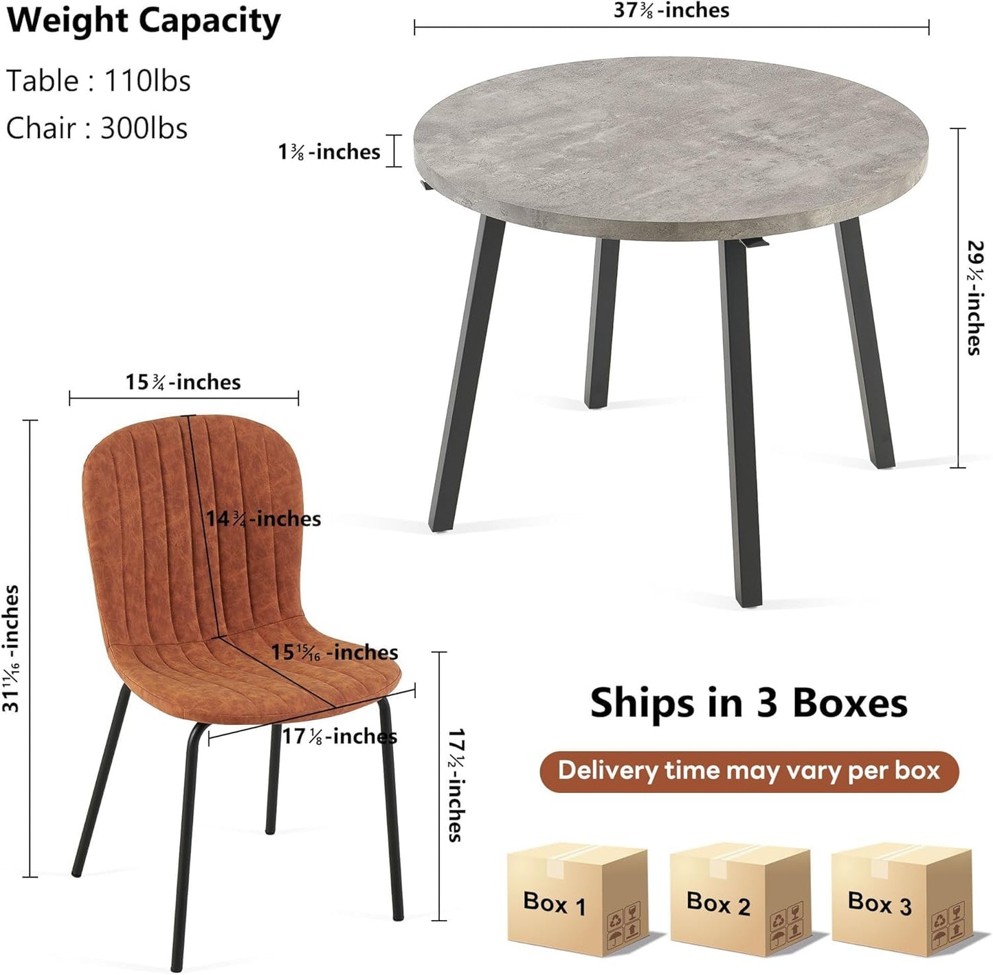 Pandolfini Round Dining Table Set for 4, Modern 37 Inch Dining Table and Chairs, Grey Engineered Wood Kitchen Table with PU Leather Dining Chairs for Dining Room, Living Room, Brown