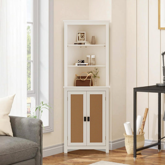 Amenitlif Corner Storage Cabinet with Adjustable Shelves - 63.78" Tall Freestanding Bathroom & Kitchen Organizer, Space-Saving Cabinet for Pantry, Laundry Room - Rustic White Finish, Easy Assembly
