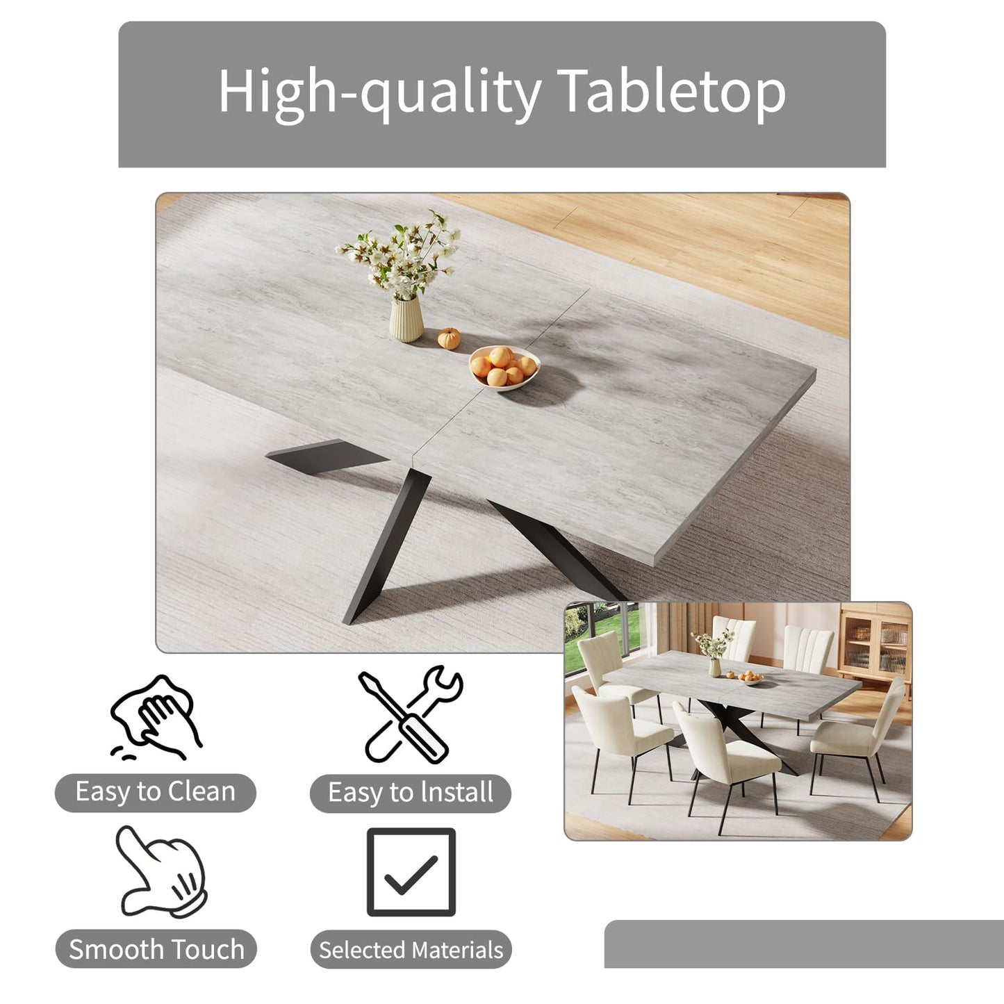 ZckyCine 6-Piece Extendable Dining Table Set, Modern 51''–67'' Grey Wood Table with 6 Black Fabric Chairs, Dining Room Table and Chairs for 6, Ideal for Kitchen or Dining Room
