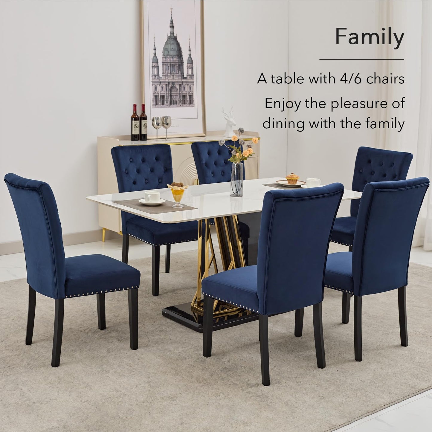adochr Velvet Dining Kitchen Chair Set of 6, Parsons Upholstered Dining Room Chair, Wood Accent Chair with Nailed Trim, Blue