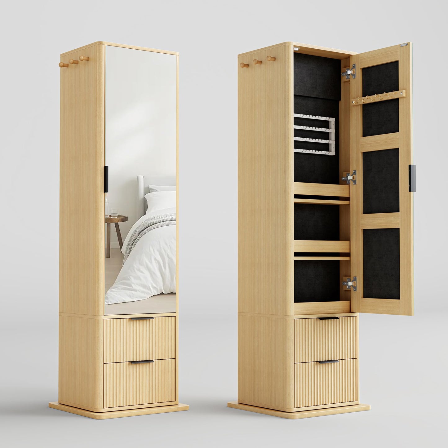 IRONCK 360° Rotating Full-Length Mirror Cabinet with Jewelry Storage, 4-Shelf Bookcase & Hooks, Wave Design, Under 20x20 inches for Small Spaces, Oak