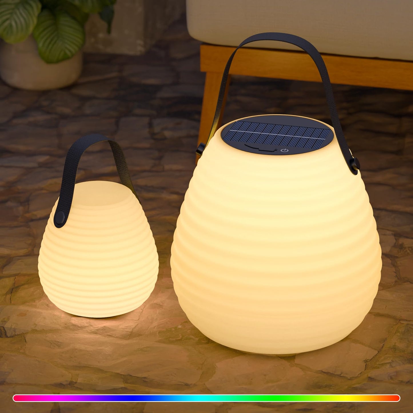 uuffoo 2 Pieces LED Rechargeable Solar Table Lamp Lantern LED Outdoor Cordless IP44 RGB and Warm White Dimmable for Patio Camping Restaurant Terrace
