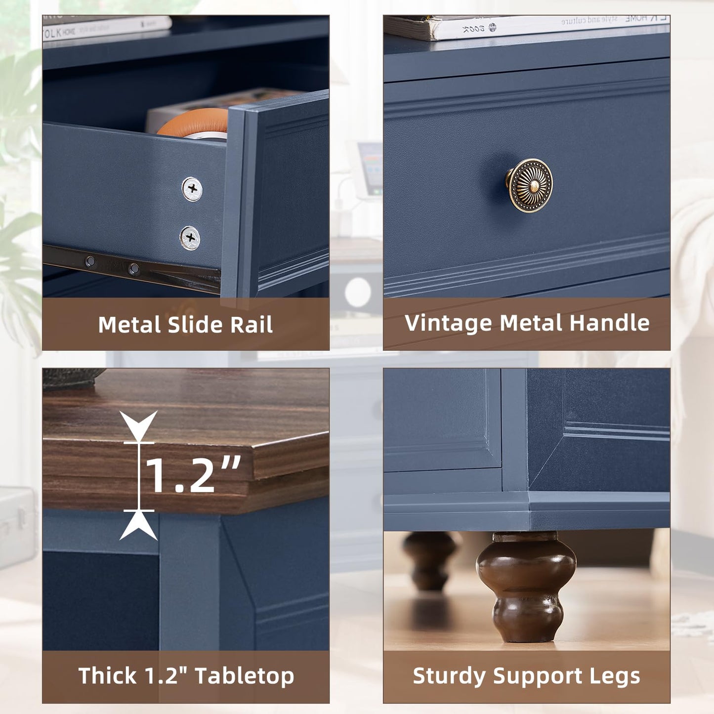 Joaxswe 24" Wide Farmhouse Nightstand with Charging Station, End Table with 2 Drawers, Blue Wood Dresser for Bedroom Cabinet, Bed Side Table Chest of Drawers, Night Stand for Living Room, Closet