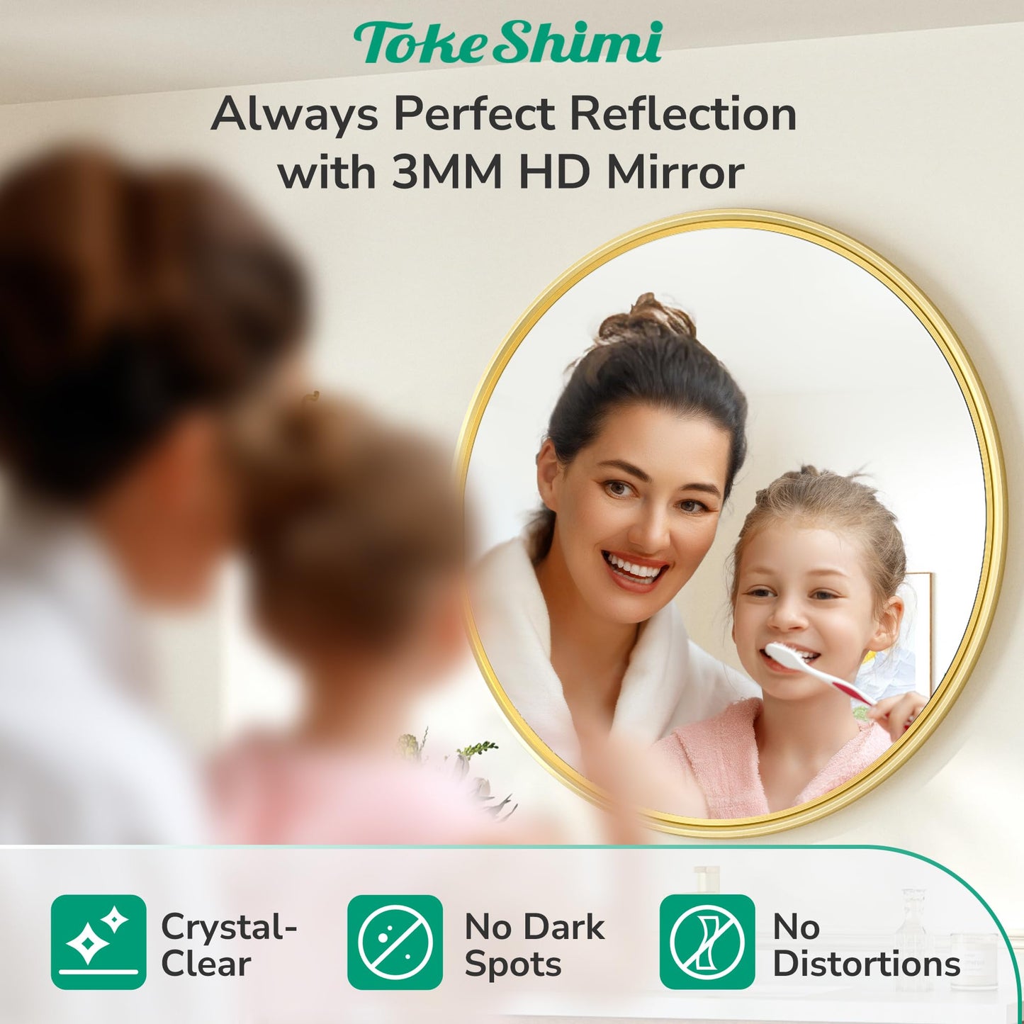 TokeShimi 18 in Brushed Gold Wall Mirror Framed Round Bathroom Mirror for Over Sink Shatterproof, 18 x 18 Farmhouse Mirror Circle Metal Wall Mirrored for Living Room, Entryway, Bedroom, Vanity