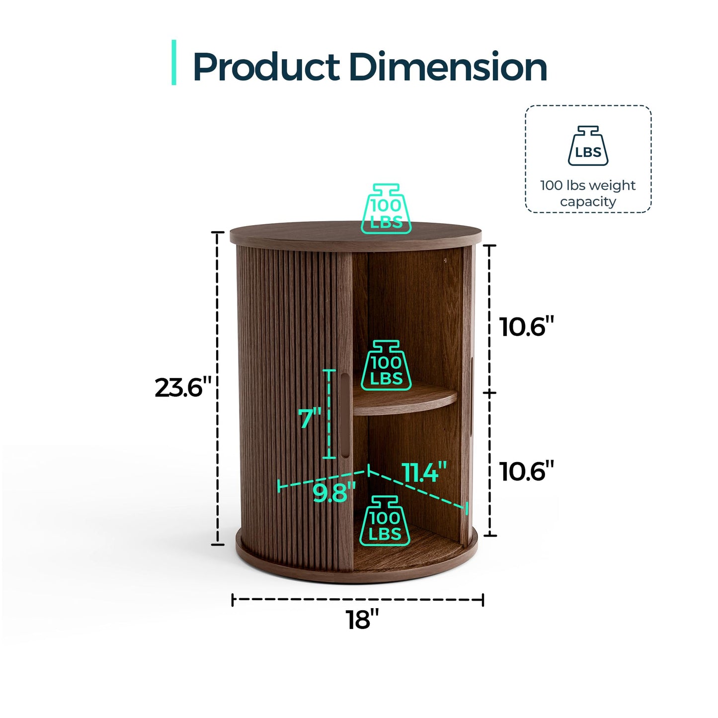 LINSY HOME Round Fluted End Table, Tall Side Table with Sliding Tambour Door and Storage Shelf, Modern Bedside Table, Mid-Century Nightstand for Living Room, Bedroom, Walnut