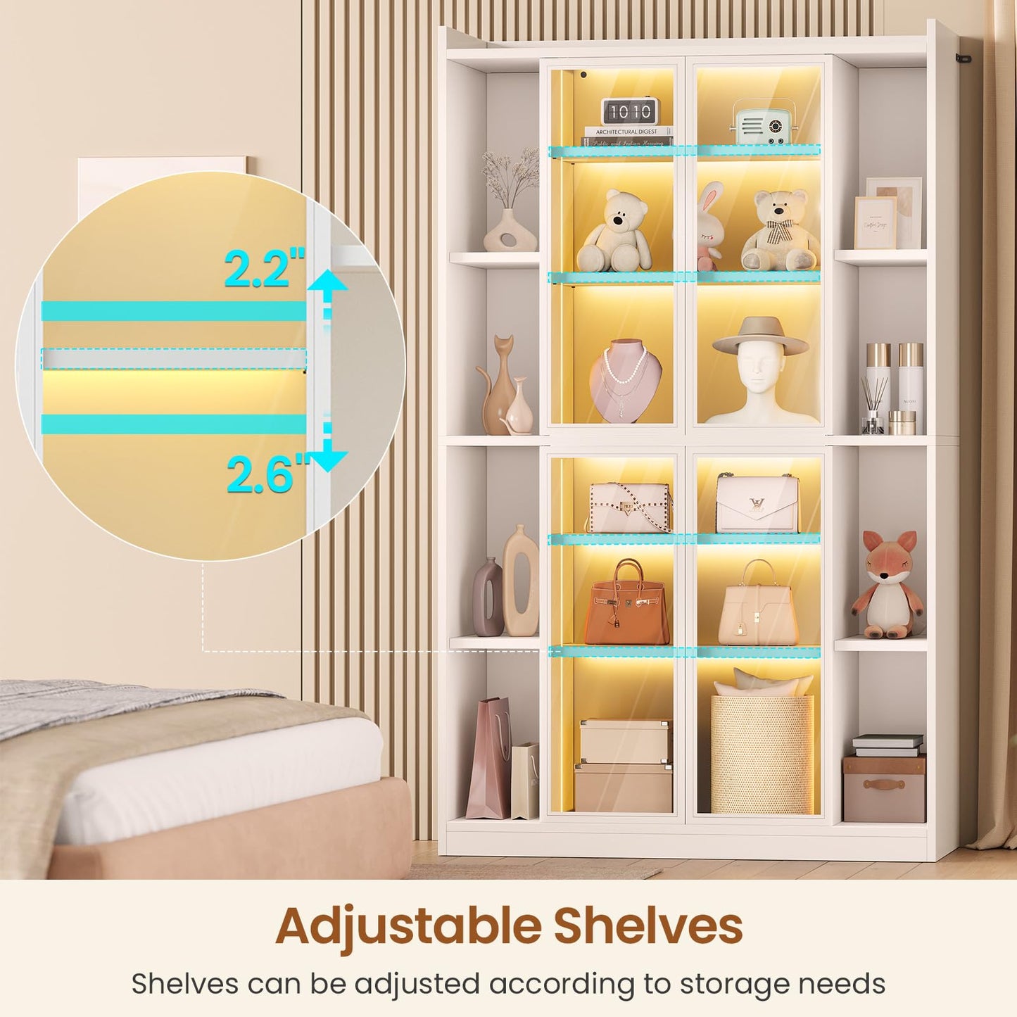 SEDETA Display Cabinet with Glass Doors, 6 Tier Curio Cabinet with LED Lights, Tall Bookcase with Adjustable Shelves, 64" Display Cases for Collectibles, Bedroom, Living Room, Office, White
