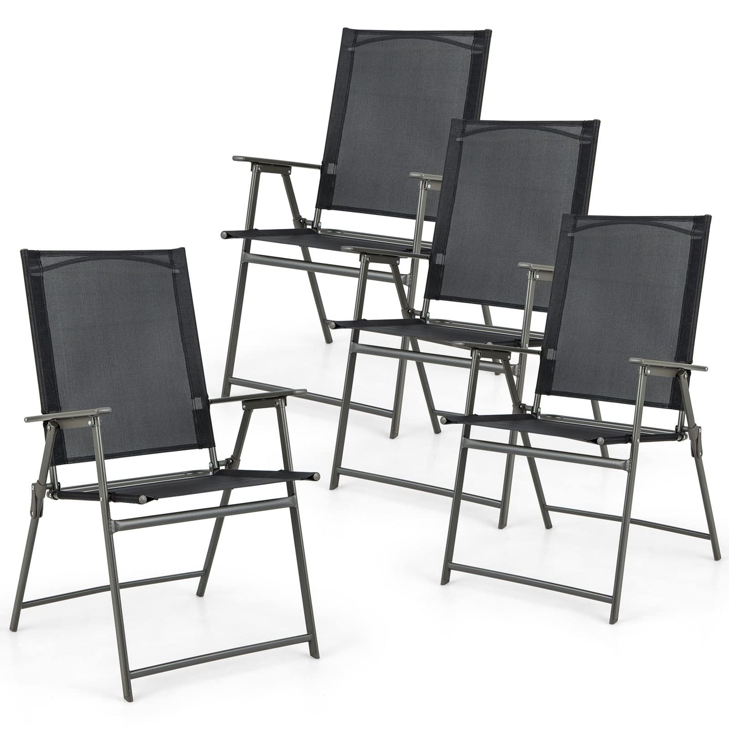 Tangkula Set of 4 Patio Folding Chairs, High Back Dining Chairs with Weather-Resistant Fabric, No Assembly, Outdoor Portable Metal Lawn Chairs with Armrests & Footrest for Garden