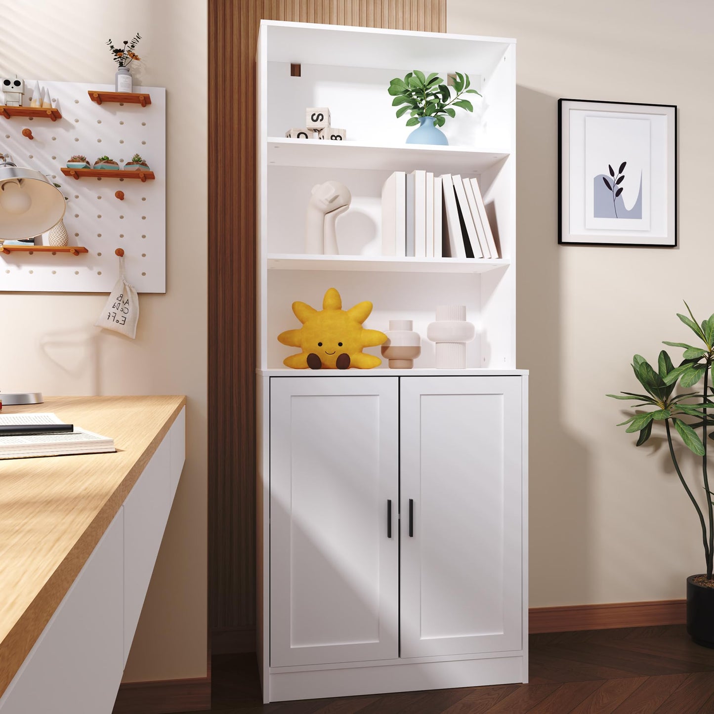 DIYART 5 Tier Bookcase with Doors & Cabinet, 75" Tall Large Wood Bookshelf for Living Room, Office, Library, White Storage Display Shelf with Adjustable Shelves
