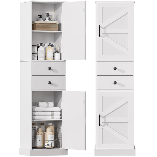 DDONGMM Tall Bathroom Storage Cabinet with 2 Drawers, Farmhouse Narrow Storage Unit with 2 Doors and Adjustable Shelves, 67" Tall Cabinet for Bathroom, Kitchen, Home Office (White, 1 Piece)