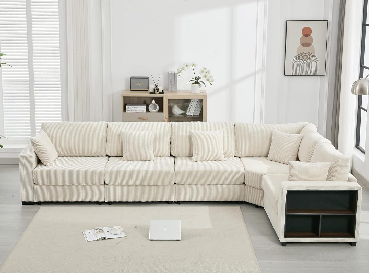 Makkki 148'' Oversized L-Shaped Corner Sofa Couches, Large Convertible Modular Sectional Sofa, Extra Deep Oversized 5 Seat Set with Chaise&Storage Cabinet for A Cozy Living Room, White
