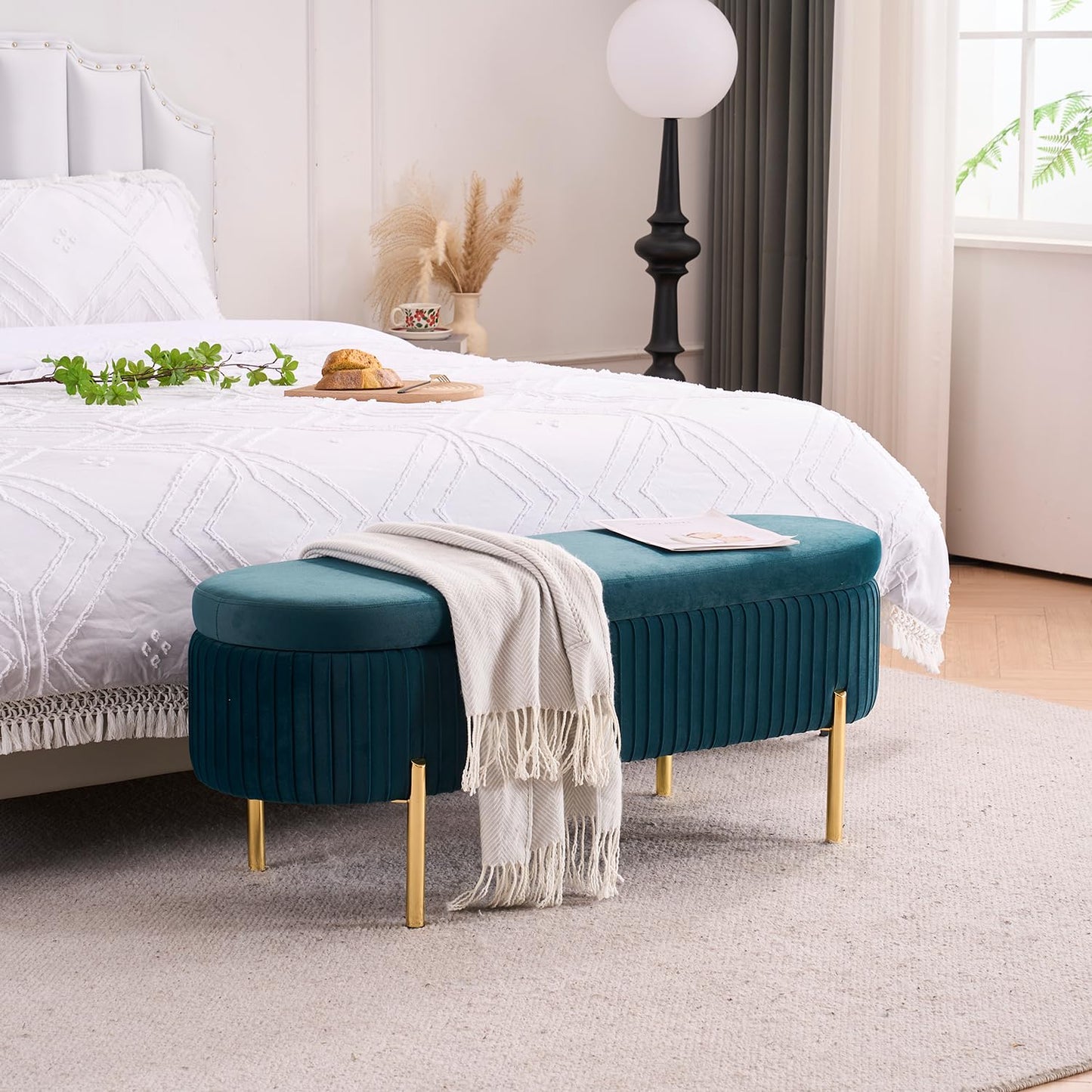 AIITTCC Velvet Storage Bench for Bedroom Upholstered End of Bed Bench Modern Ottoman with Gold Legs for Living Room/Window/Entryway (Teal/Blue-Green, Oval-45.5" W)