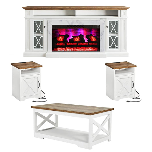 AMERLIFE 4 Pieces Living Room Table Sets, 70" Farmhouse TV Stand with 33" Electric Fireplace, Coffee Table & 2 End Tables with Charging Station and USB Ports, Living Room, White & Barnwood