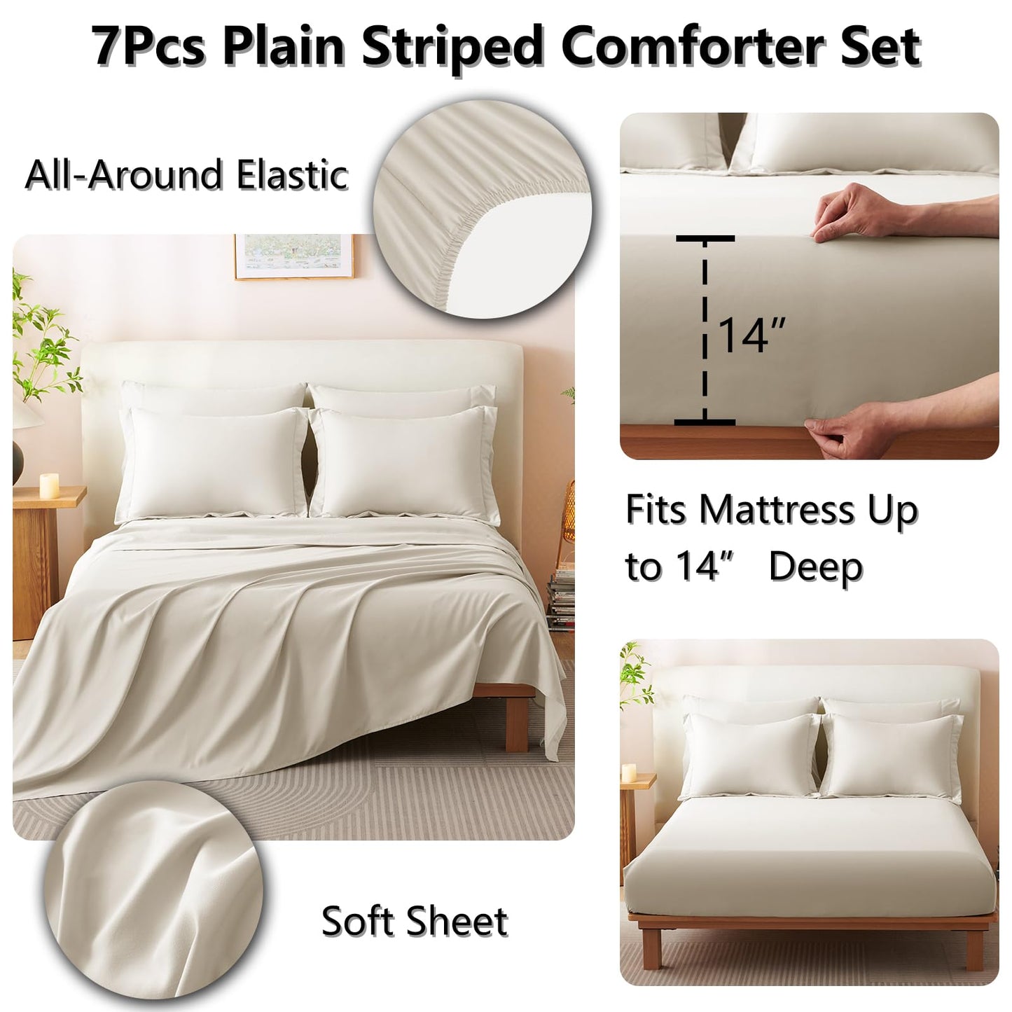 CozyLux Queen Comforter Set - 7 Pieces Bed in a Bag Beige Comforters Queen Size Bed Set, Soft Bedding Set with All Seasons Comforter, Sheets, Pillowcases & Shams
