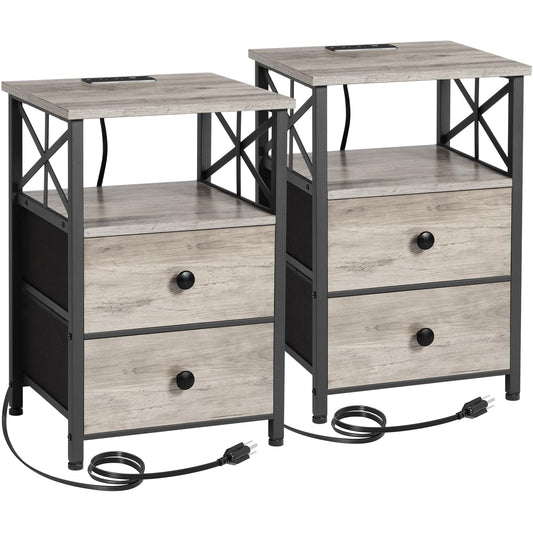 AMHANCIBLE Night Stand Set 2, Nightstand with Charging Station, End Tables Living Room with USB Ports and Outlets, Bedside Tables with Fabric Drawers for Bedroom, Greige HET05XGY