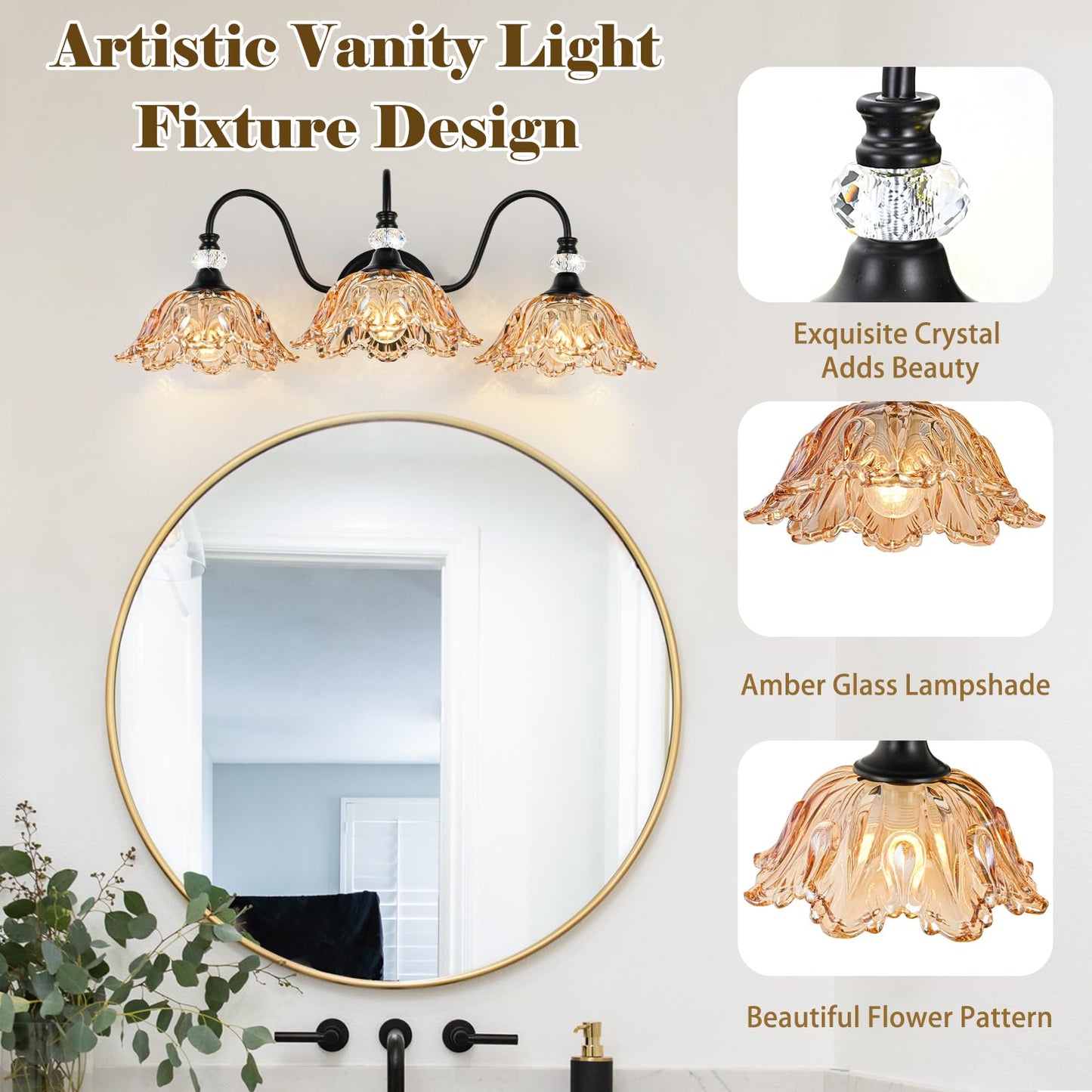 sunkryster Black Bathroom Vanity Light,3-Light Vanity Light with Floral Amber Glass Shades,Vintage Farmhouse Wall Mount Lighting for Bathroom, Dressing Table