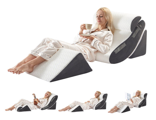 4PCS Orthopedic Bed Wedge Pillow Set for Sleeping, Post Surgery Foam Support Pillows for Back, Neck and Leg Pain Relief, Adjustable Triangle Pillow – Acid Reflux, GERD & Snoring Recovery, White Grey