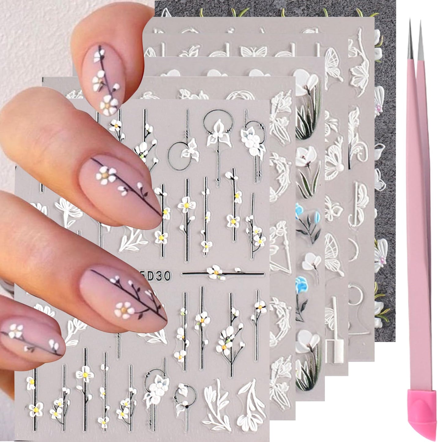 VOTACOS Flower Nail Stickers for Nail Art 5D Embossed Engraved Nail Decals 3D Spring Summer Nail Supplies Accessories White Blue Self-Adhesive Nail DIY Design Decoration for Women Girls（6 Sheets