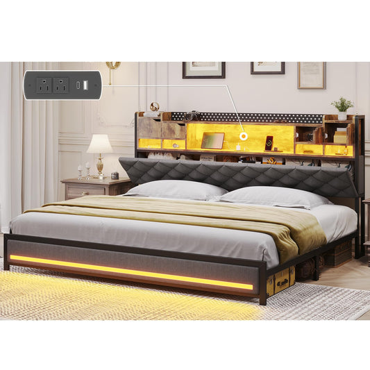 busyaeh King Size Bed Frame with Upholstered Storage Headboard, King Bed Frame with Smart LED Lights, Camas King Bed with Charging Station,Noise-Free, Metal Support, No Box Spring Needed, Gray