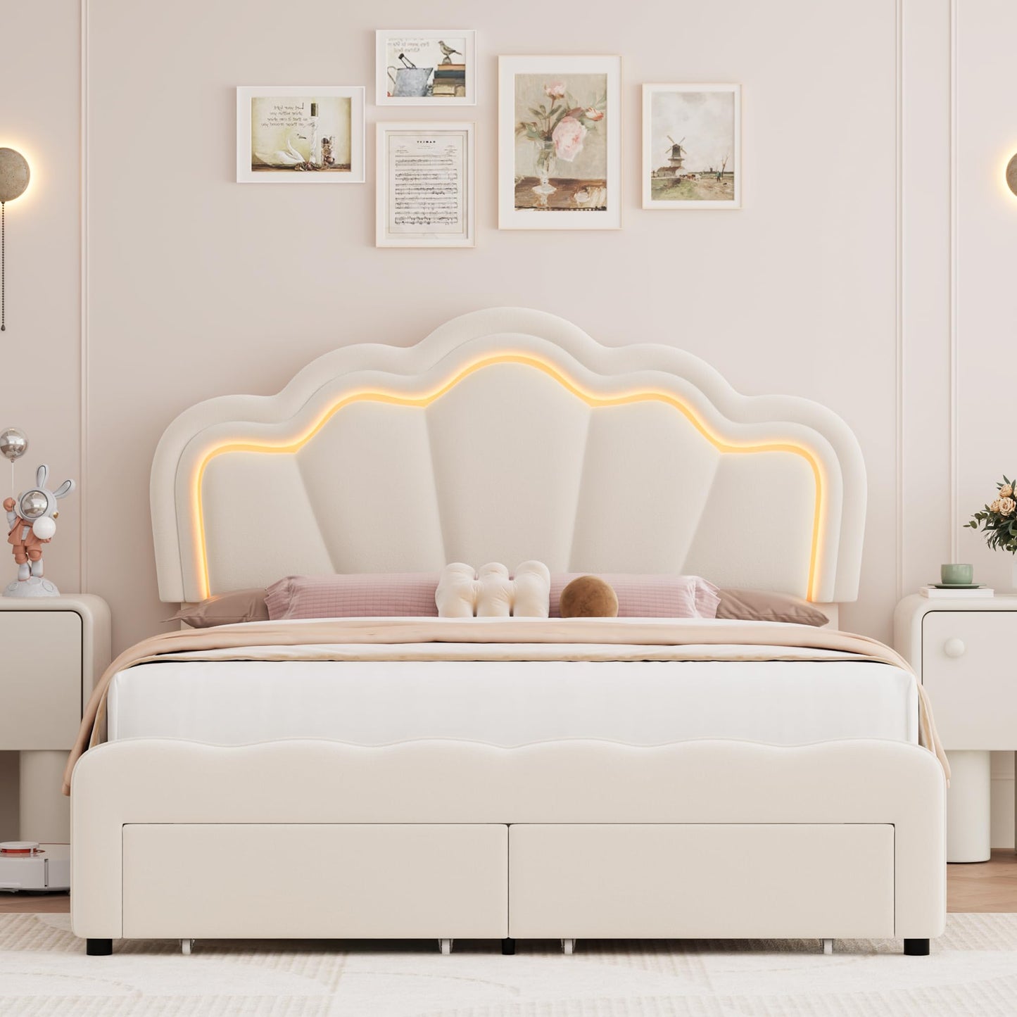 HOSTACK Queen Upholstered LED Bed Frame with Storage Drawers, Cute Girls Bed with Adjustable Lotus Headboard, Velvet Princess Platform Bed Frame, Wooden Slats Support, No Box Spring Needed, Cream