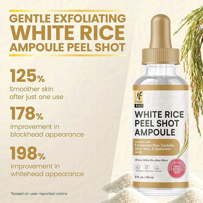 Rice Peel Shot Ampoule, White Rice Exfoliant, Rice Exfoliator for Face & Soft Peel, Removes Dead Skin Cells for a Brighter, Softer & Hydrated Complexion, For All Skin Types, 90 mL
